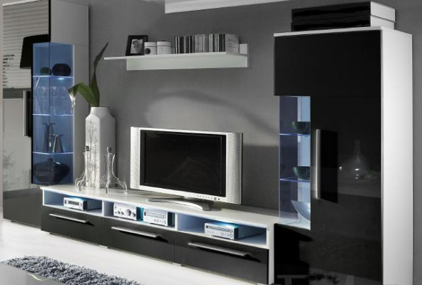 Designer Wunnwand RTV TV Sideboard +2 Vitrinnen Anbau Schaf Wohnzimmer Wand Neit