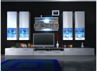 Wohnwand Anbauwand Schiefwand Héichglanz LED Beliichtung "Faarfwal" Design nei