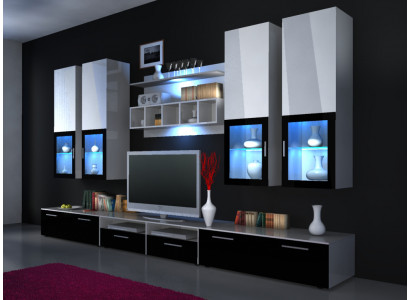 Wunnwand Ausbaumauer Schiefwand Héichglanz "Faarfwahl" LED Beliichtung Regal nei