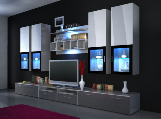 Wunnwand Ausbaumauer Schiefwand Héichglanz "Faarfwahl" LED Beliichtung Regal nei