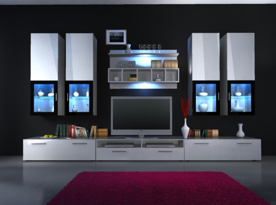 Wunnwand Ausbaumauer Schiefwand Héichglanz "Faarfwahl" LED Beliichtung Regal nei