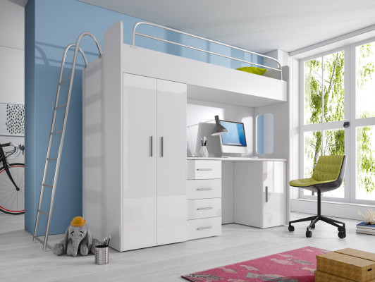 ETAGEBETT STOCKBETT ETAGEBETT MAT SCHREIWÉIWE+KLEEDERSCHRANK-RAJ 4D WÄISS