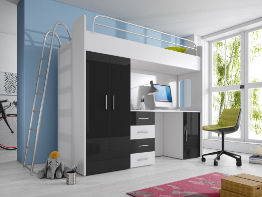 KABÄNG BETT STROSBETT ETAGENBETT SCHREIW-DËSCH+KLEEDERSCHAFT-RAJ 4D SCHWÄRZ