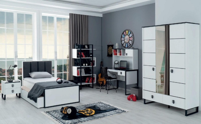 Jugendzëmmer Set Bett Nuetsdësch Bicherregal Schreifdësch Schaf Design Modern