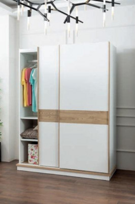 Design Kleederschaf Schiebetüren Schaf Schlofzëmmer Schief Wäiss Braun Holz
