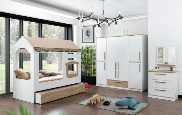 Kannerzëmmer Bett Haus Iwwerdachte Bett Schlofkummer Set Garnitur Spigel 4tlg.