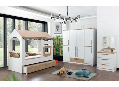 Kannerzëmmer Bett Haus Iwwerdachte Bett Schlofkummer Set Garnitur Spigel 4tlg.