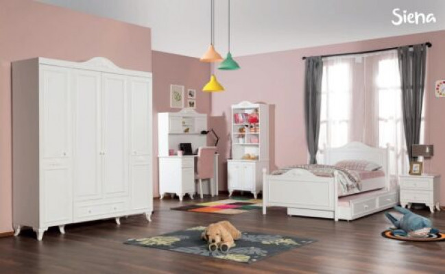 Kannerzëmmer Set Wäiss Elegantes Schreifdësch Design Bicherregal Holzmiwwelen Nei