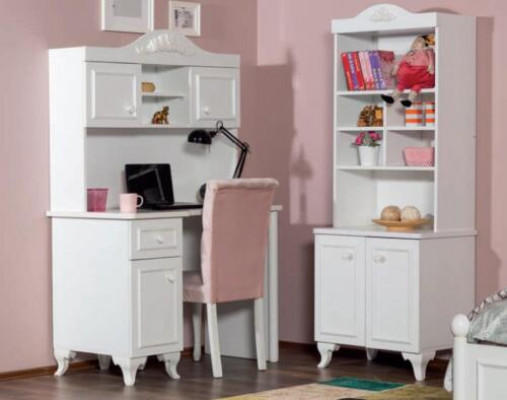 Kannerzëmmer Set Wäiss Elegantes Schreifdësch Design Bicherregal Holzmiwwelen Nei