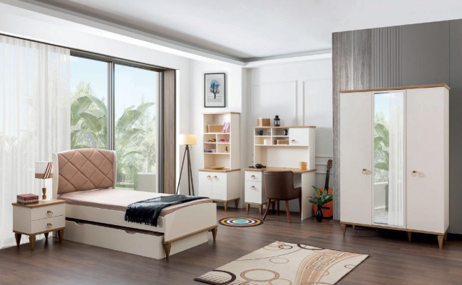 Kannerszëmmer Set Beige Kannerbett Nuetsdësch Jongeszëmmer Design Modern Nei 2 Deeler.