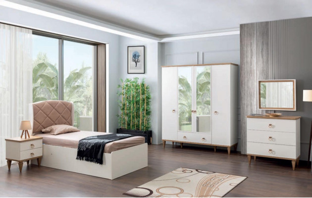 Kannerszëmmer Set Beige Kannerbett Nuetsdësch Jongeszëmmer Design Modern Nei 2 Deeler.