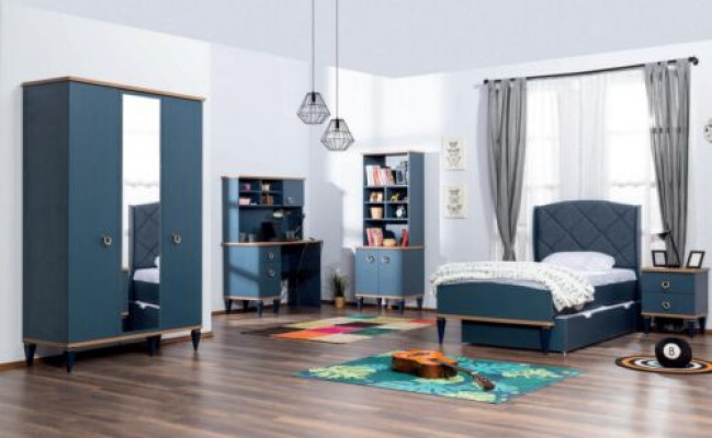 Blo Kannerzëmmer Set: Bett, Nuetsschaf, Kleederschaf, Regal, Schreifdësch, Nei