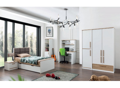 Modern Jugendzëmmer Set Bett Nattdësch Bicherregal Dësch Schlofzëmmer 5tlg.