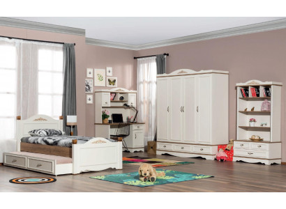 Moderne Schlofkummer Jugendzimmer Set Bett Nuetsdësch Bicherregal Dësch 5 Deeler.