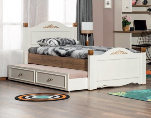 Moderne Schlofkummer Jugendzimmer Set Bett Nuetsdësch Bicherregal Dësch 5 Deeler.