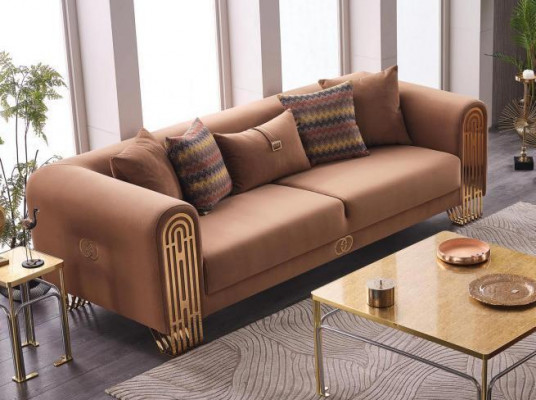 Modern Edelstahl Dreesëtzer Luxus Polster Canapé Textilemiwwel Sofa Canapé