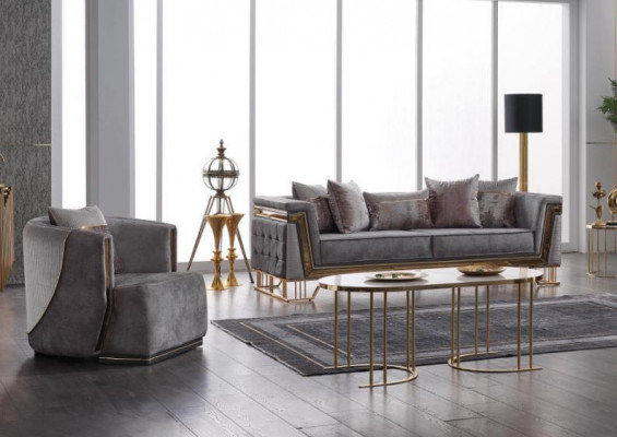 Grau Canapé-Set 3+1 Sëtzer mat Edelstahl Canapé Sofa Polster Set 2-Deeler.