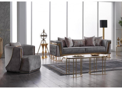 Grau Canapé-Set 3+1 Sëtzer mat Edelstahl Canapé Sofa Polster Set 2-Deeler.