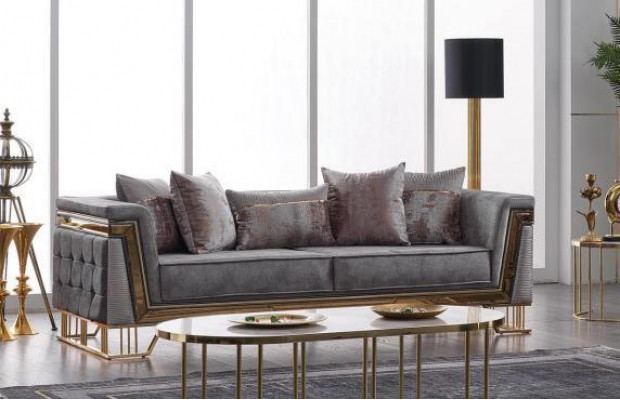 Grau Canapé-Set 3+1 Sëtzer mat Edelstahl Canapé Sofa Polster Set 2-Deeler.