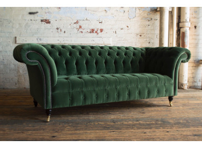 Klassesch Chesterfield Design Canapé 3 Sëtzer Sofa Canapé Samt Lieder grouss gréng nei