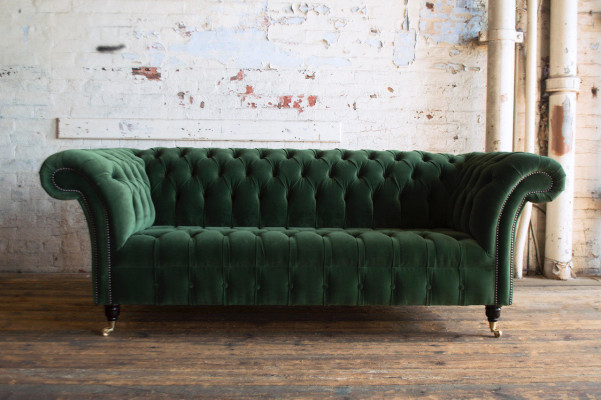Klassesch Chesterfield Design Canapé 3 Sëtzer Sofa Canapé Samt Lieder grouss gréng nei