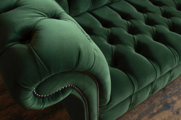Klassesch Chesterfield Design Canapé 3 Sëtzer Sofa Canapé Samt Lieder grouss gréng nei