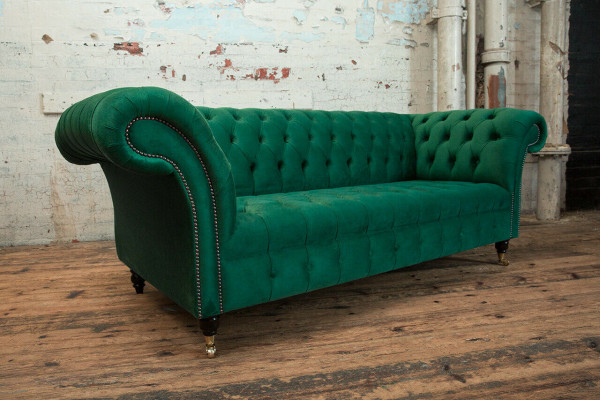Klassesch Chesterfield Couch 3 Sëtzer Sofa Couch Samt Lieder Design grouss gréng nei