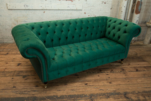 Klassesch Chesterfield Couch 3 Sëtzer Sofa Couch Samt Lieder Design grouss gréng nei
