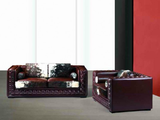 Dunkelrout Chesterfield Sofagarnitur 3+2 Sëtzer 2tlg. Lieder-Set mat Ponyfell