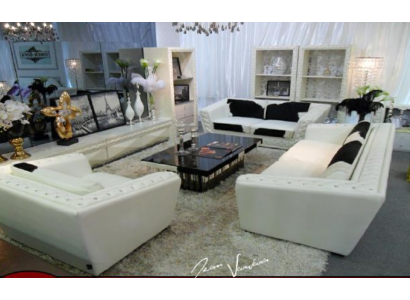 Sëtzgrupp Chesterfield 3+2+1 Sëtz Sessel Sofa Lieder mat Ponyfell