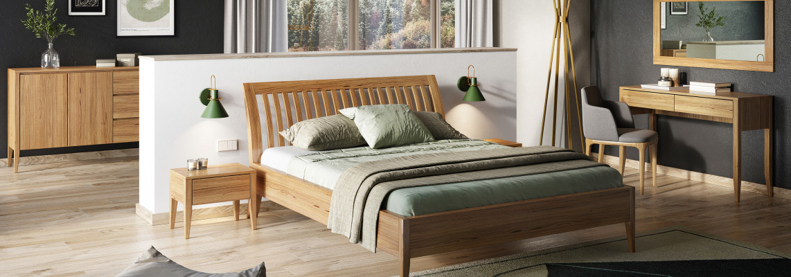 Echtes Holz Schlofzëmmer 6 Deeler Set 2x Nuetsdësch Schminktisch Kommode Spigel