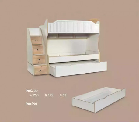Kannerzëmmer Stäckbett Héichbett Set Schreifdësch Kleederschaf 3 Deeler.