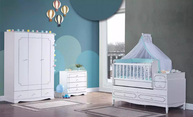 Kand Zëmmer Kannerzëmmer Bett Wäiss Schlofzëmmer Puppelchen Schaf Kommode 3-Stéck.