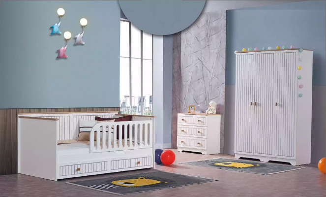 Kannerzëmmer Jugendzëmmer wäiss Bett Kommode Kleederschaf 3-deelech