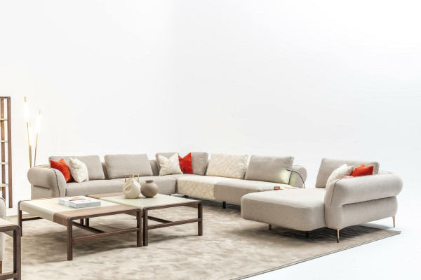 Ecksofa U-Form Beige Luxus Wunnzëmmer Modern Polstersofa Nei