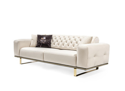 Dreisitzer Chesterfield Sofa 3 Sëtz Sofas Wäiss Stoff Wunnzëmmer Luxus