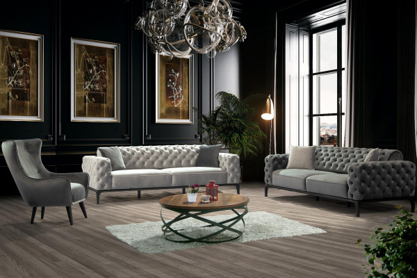 Dräisëtzer Sofa 3 Sëtzer Sofas Stoff Wäiss Wunnzëmmer Chesterfield Nei