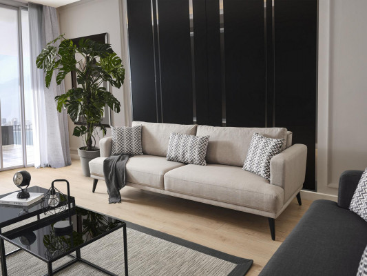 Dräisëtzer Stoff Sofa Beige modern Design Wunnzëmmer.