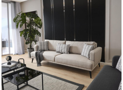 Dräisëtzer Stoff Sofa Beige modern Design Wunnzëmmer.