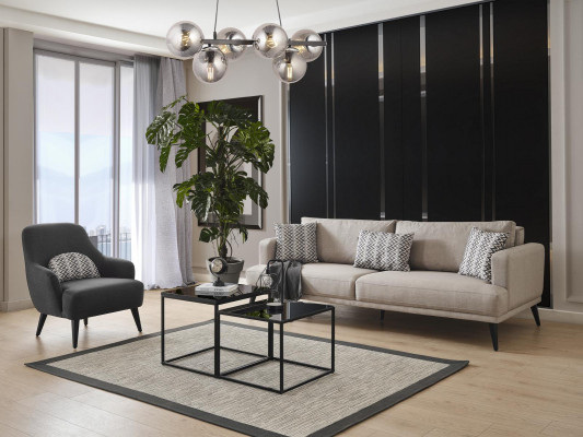 Dräisëtzer Stoff Sofa Beige modern Design Wunnzëmmer.