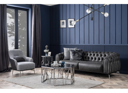 Chesterfield Canapé Garnitur Sofa 4 Sëtzen Sesselen Véiersëtzer Kënschtlecher Lieder Schwaarz
