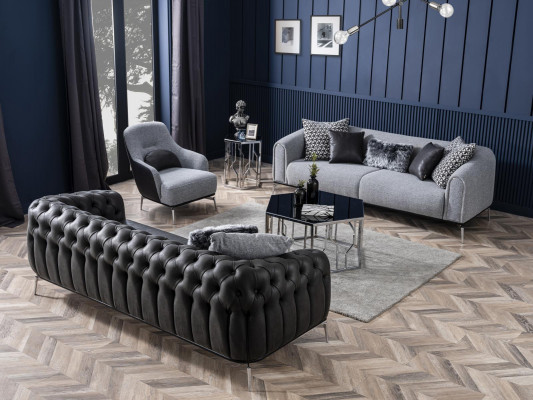 Chesterfield Canapé Garnitur Sofa 4 Sëtzen Sesselen Véiersëtzer Kënschtlecher Lieder Schwaarz