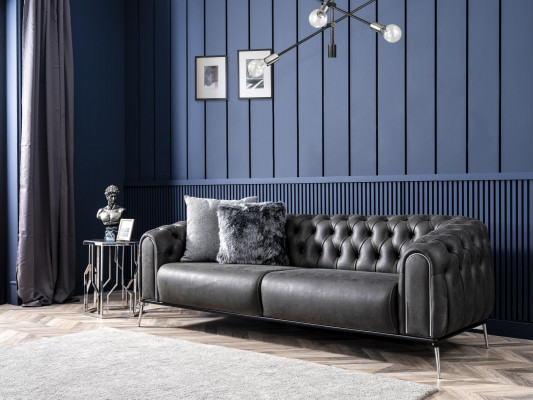 Chesterfield Canapé Garnitur Sofa 4 Sëtzen Sesselen Véiersëtzer Kënschtlecher Lieder Schwaarz