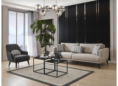 Sofasett Sofa 3 Sëtzer Fotell Stoff Beige Modern Polyester Set