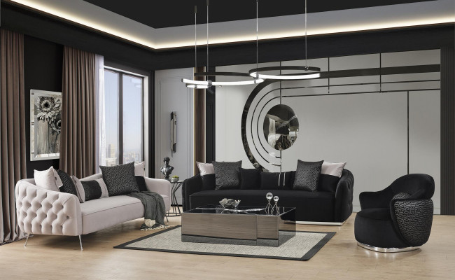 Sofa Garnitur Sofa Sesselen 431 Sëtzer Stoff Luxus Sofakëschten Wäiss Schwaarz