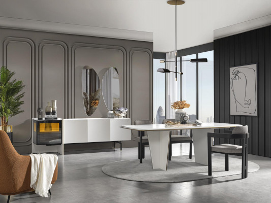 Iessgruppe Garnitur Iesszëmmer Iessdësch Luxus Stull Iesseck 9tlg Wäiss