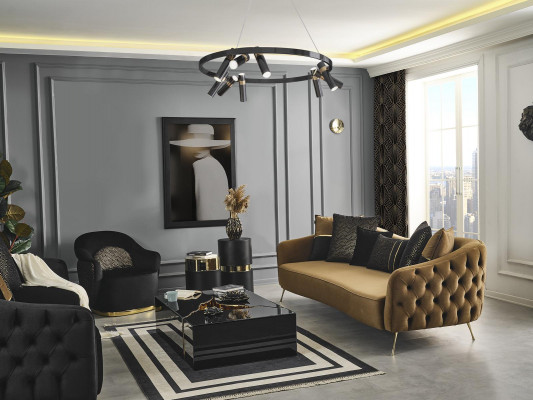 Chesterfield Sofagarnitur Sofa 3-Sëtzer Sesselle Blau Polyester Set 2 Deeler