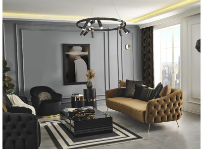 Chesterfield Sofagarnitur Sofa 3-Sëtzer Sesselle Blau Polyester Set 2 Deeler