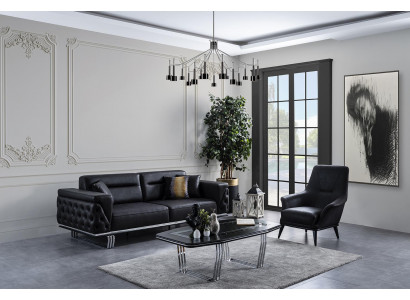 Sofagarnitur Komplette Sofa 41 Sëtz Fotel Kënschtlecht Lieder Schwaarz Set 2-Deel.
