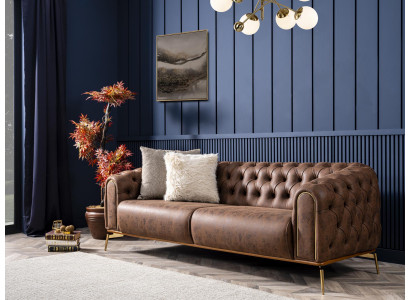 Chesterfield Véiersëtzer Canapé 4 Sëtzer Sëtz Polyester Brong Kënschtlech Lieder